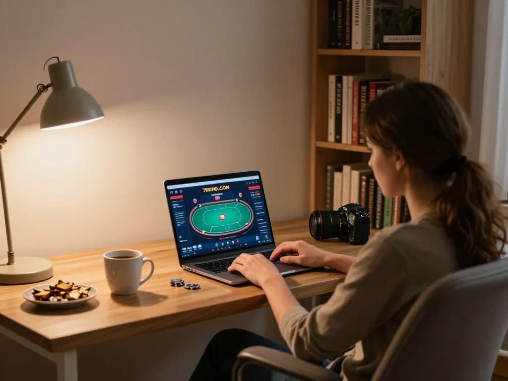 Engaging player strategizing on 79KING. COM poker game from home office, showcasing focus and excitement.