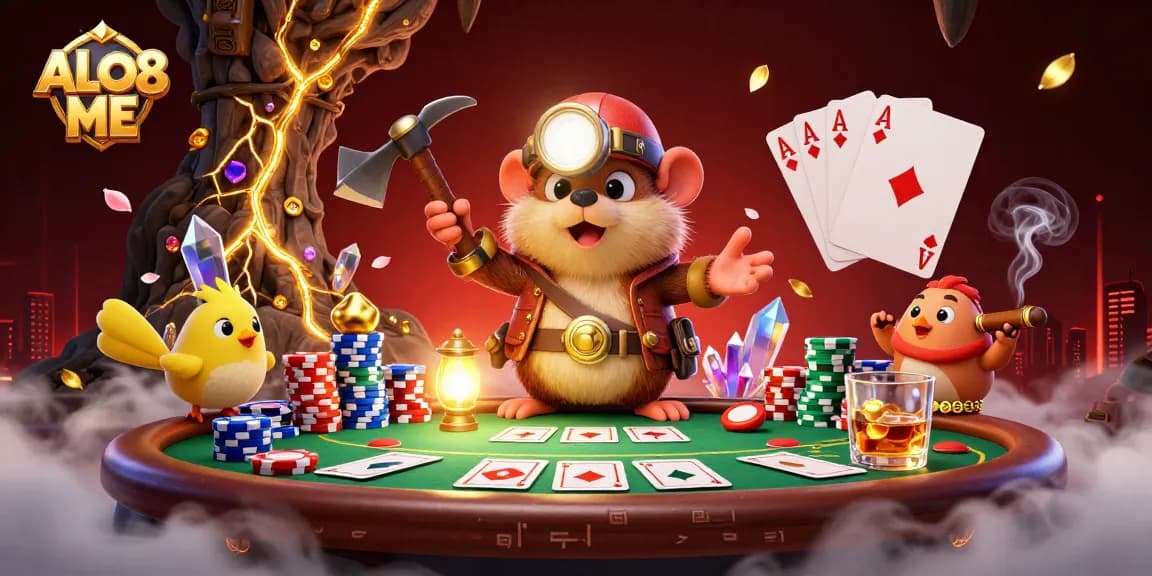 Engage with ALO8 ME in a vibrant online casino world featuring a treasure hunter and poker elements.