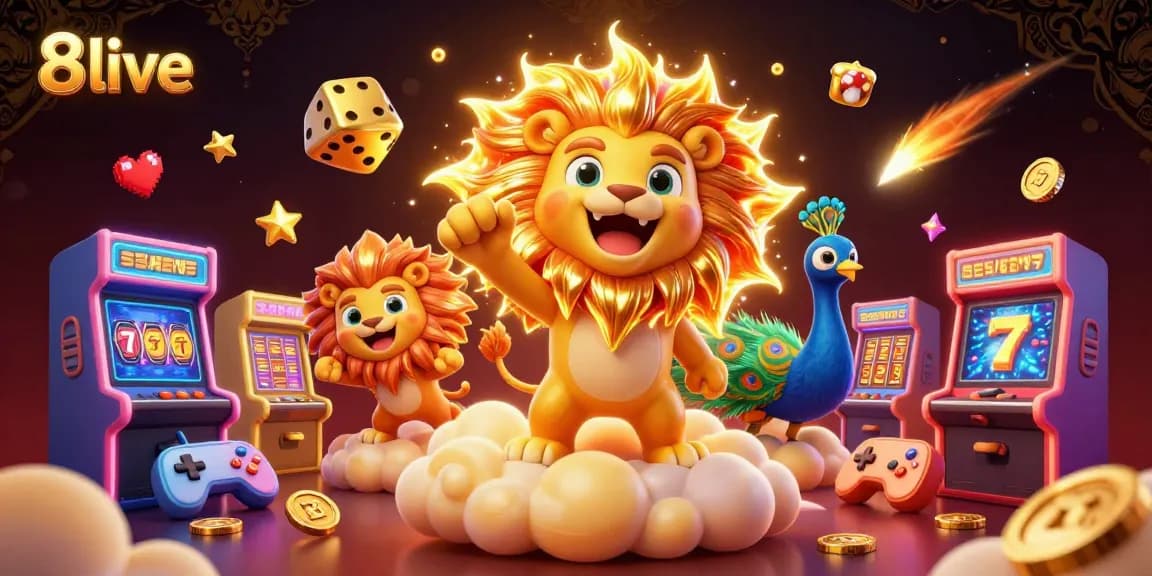 Experience the excitement of 8live with vibrant casino games, golden dice, and a roaring sun lion.