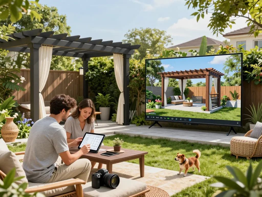 Interactive 3D Pergola Configurator session in a beautiful backyard setting with couples designing their ideal pergola.