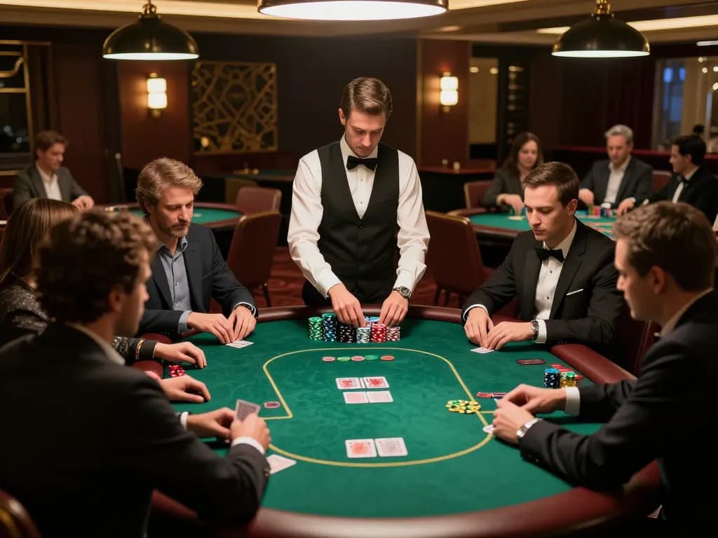 Strategic poker gameplay at a luxurious lounge featuring focused players and elegant decor, showcasing sunwin
