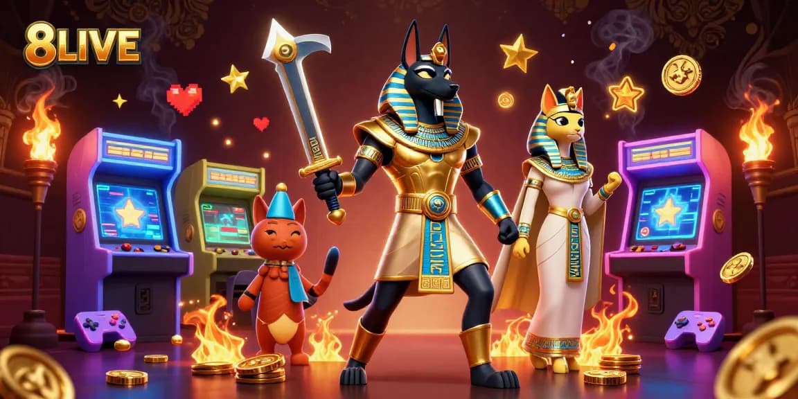 Experience thrilling gaming with 8LIVE while surrounded by mythical characters and vibrant casino elements.