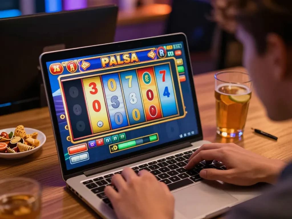 Engaging gameplay scene showcasing a player immersed in slot pulsa gaming on a laptop.
