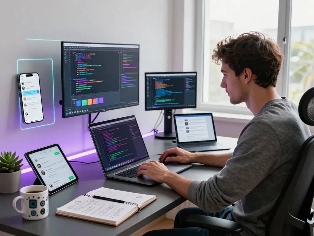 developer coding CrushOnAI on a sleek laptop in a bright modern workspace