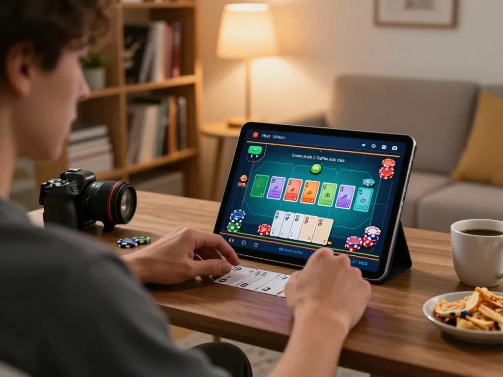 Engaging in a strategic online game at home with ee88go, showcasing a cozy atmosphere and interactive tablet use.