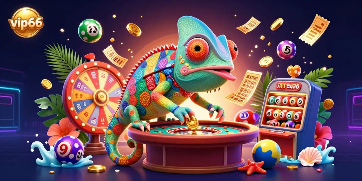 Engage in vip66 casino excitement with a vibrant casino scene featuring an animated chameleon and dynamic game elements.