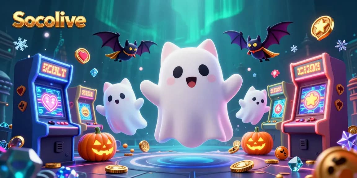 Experience the thrilling world of Socolive as the colorful ghost cat interacts in a haunted casino setting.