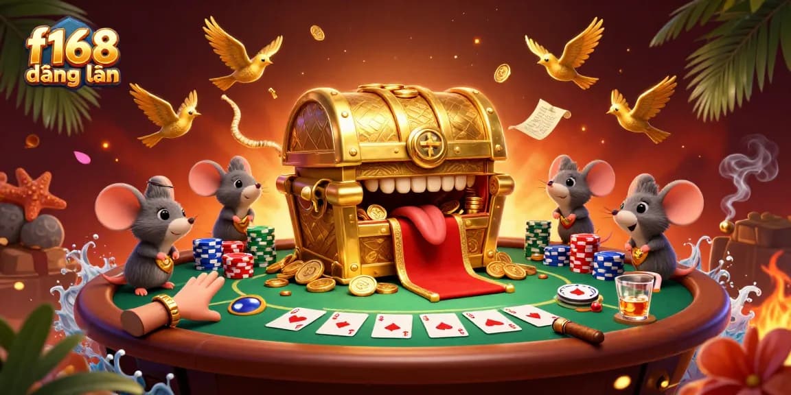 Engage with f168 đăng nhập at an exciting casino scene filled with vibrant poker elements and treasure.
