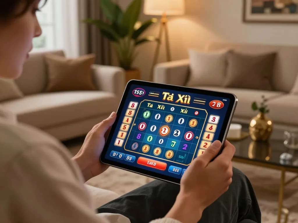 Playing Tài Xỉu online at home using taixiuonlinego app with a stylish tablet setup.
