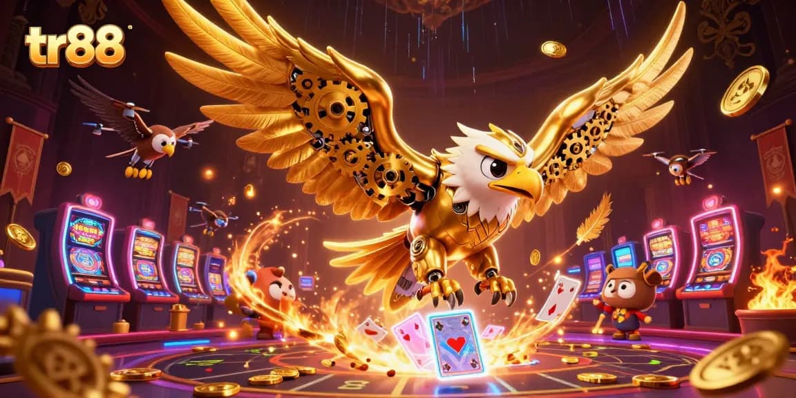 Engage with thrilling tr88 casino action featuring a mechanical golden eagle diving amidst holographic cards.