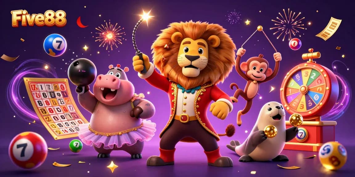 Engage with Five88's exhilarating casino fun featuring a vibrant 3D circus scene.