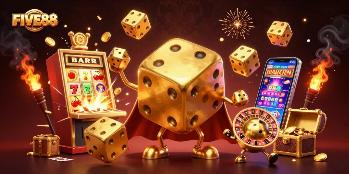 Experience the thrill of FIVE88 with a dynamic casino scene featuring golden dice and explosive jackpots.