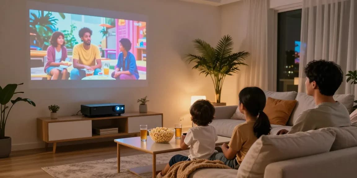 Proiector LED utilizat într-un living modern pentru o seară de film în familie, atmosfera caldă și primitoare.