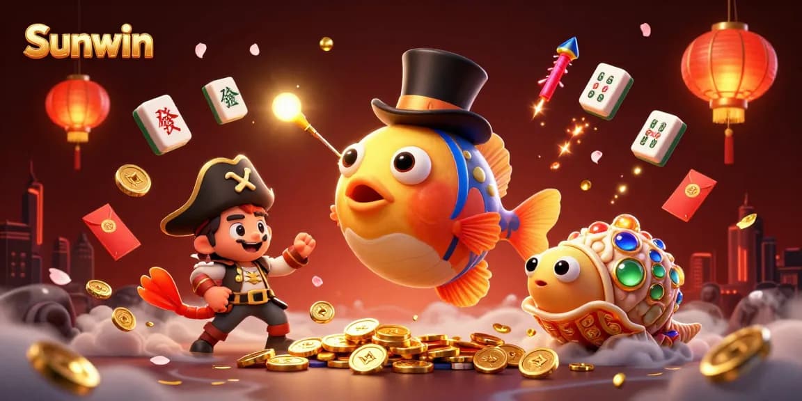 Experience Sunwin's vibrant casino world with glowing treasures and dynamic characters in a vivid 3D illustration.