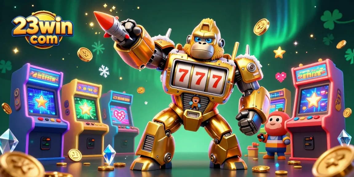 Experience thrilling gameplay at 23win com with a golden gorilla mech and festive gaming elements!