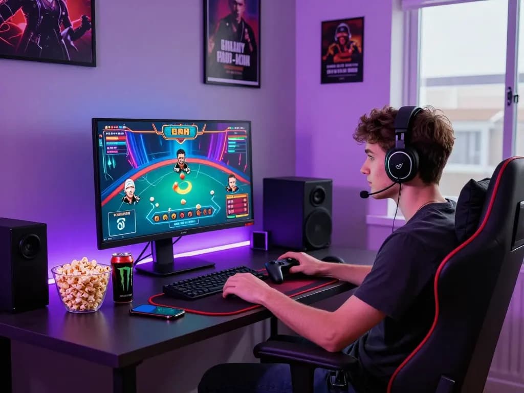 MM88 online gaming setup with focused player, colorful graphics, and ambient lights.