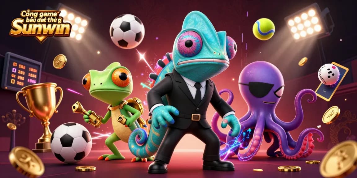 Cổng game bài đổi thưởng Sunwin showcases a colorful 3D scene of a secret agent chameleon, a gadget gecko, and a villainous octopus surrounded by dynamic sports elements and neon lights.