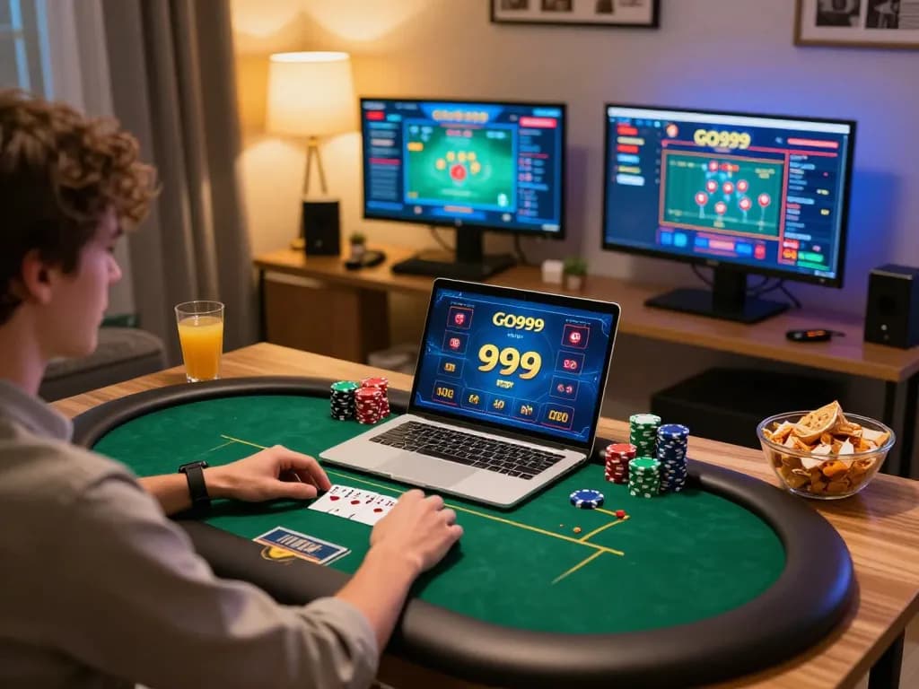 Engaging online poker gameplay with Go999, capturing a player immersed in strategy and excitement