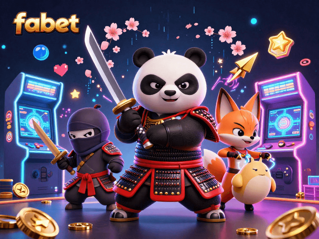 Engage with fabet's exciting gaming world featuring a samurai panda and ninja fox in a dynamic casino scene.