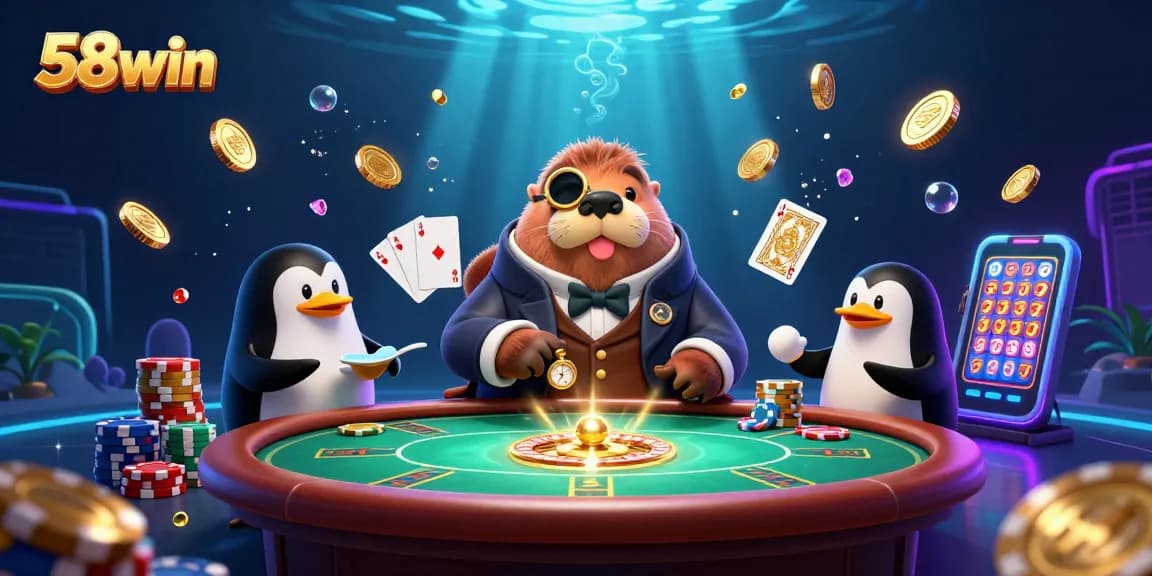 Experience the excitement of 58win with a lively underwater poker scene featuring vibrant characters and dazzling casino elements.