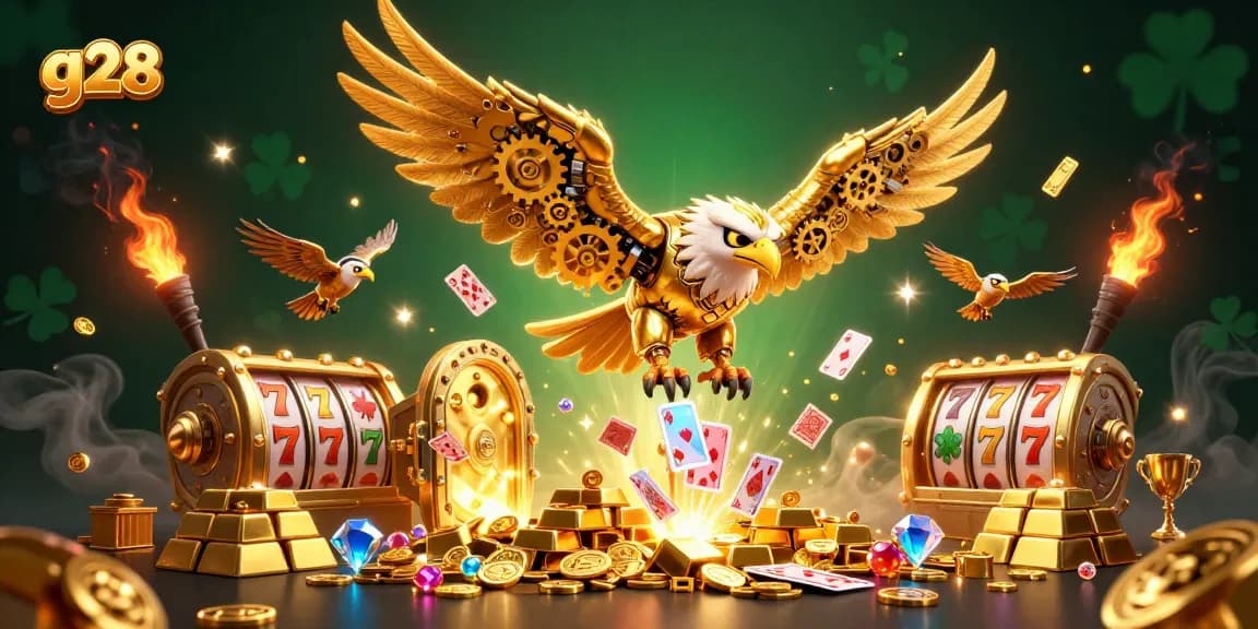 g28 dives into a dazzling casino scene filled with slot reels and flying cards.