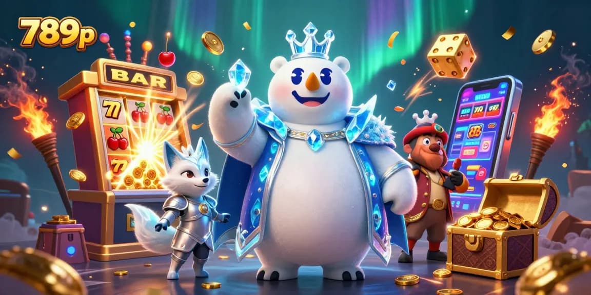 Engage in thrilling 789p gaming with a cartoon ice king and snow fox amid slot machine excitement.