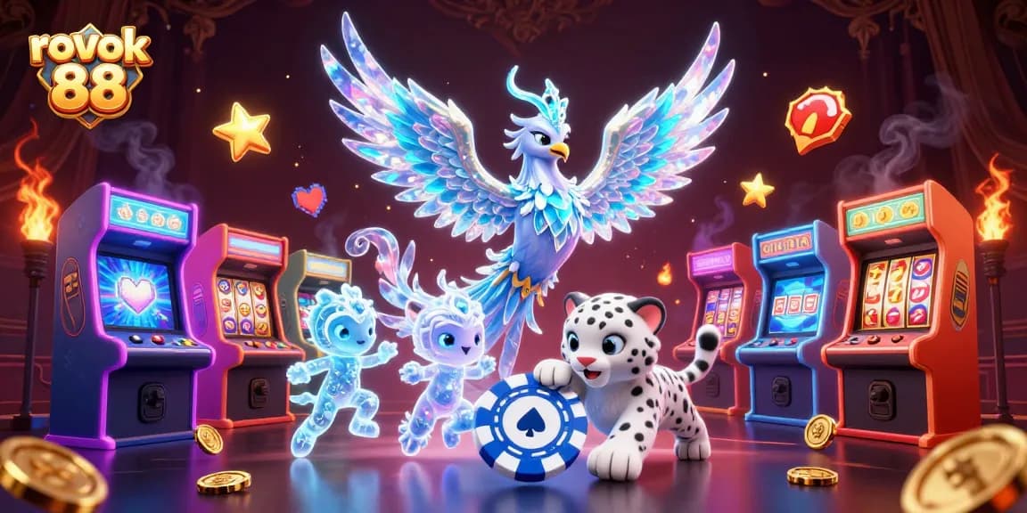 Engage with rokok 88 in a vibrant casino scene featuring a mystical ice phoenix and playful snow leopard.