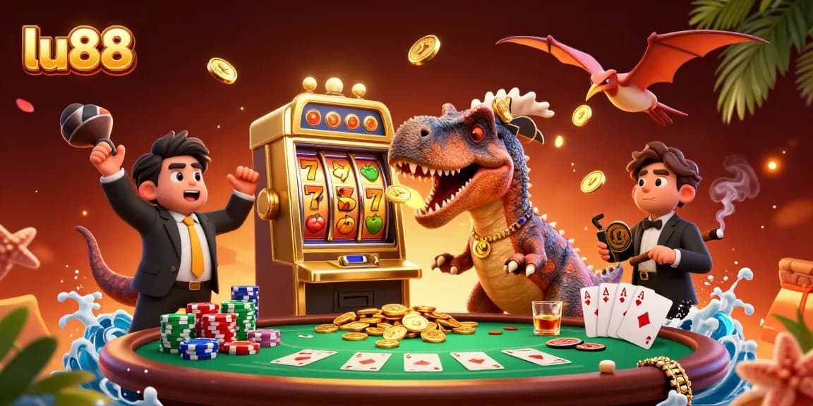 Experience thrilling wins with lu88 as a pachycephalosaurus triggers a jackpot in a lively casino scene.