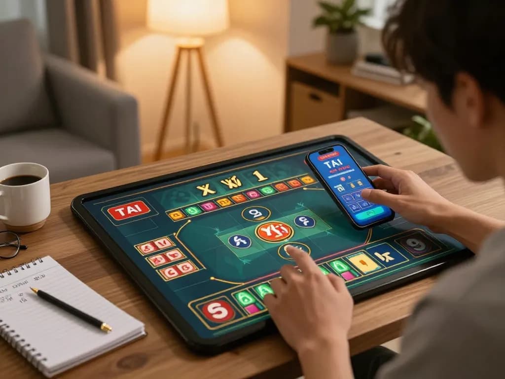 Tai xỉu game on a smartphone showcasing strategic betting options in a cozy home setting
