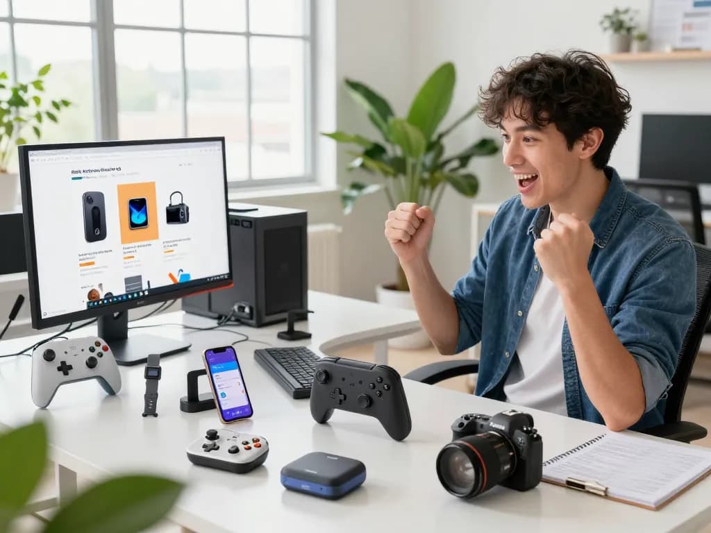 Engaged professional exploring affordable tech gadgets in a bright office setting, showcasing Bluetooth devices.