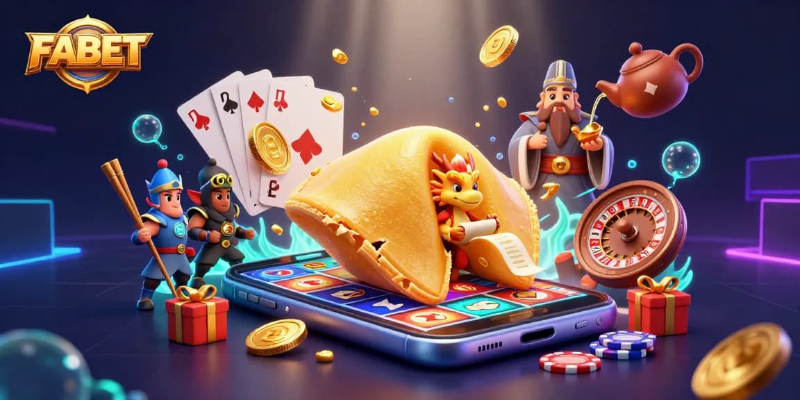 Win big at FABET with a vibrant casino scene filled with fortune cookies and gaming excitement.