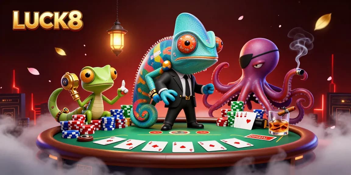 Experience LUCK8's vibrant casino atmosphere filled with colorful poker elements and charismatic characters.