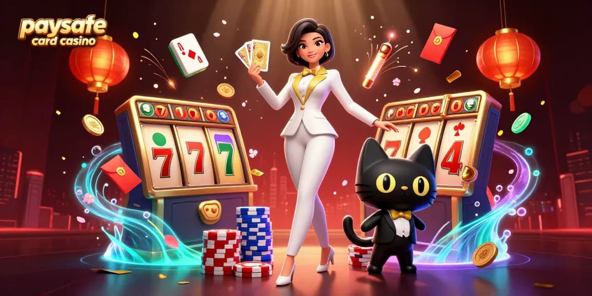 Aktion im Paysafe Card Casino mit glamouröser Frau, die Karten mischt, und einer verspielten Katze, ergänzt durch Spielautomaten und lebendige Casino-Elemente.