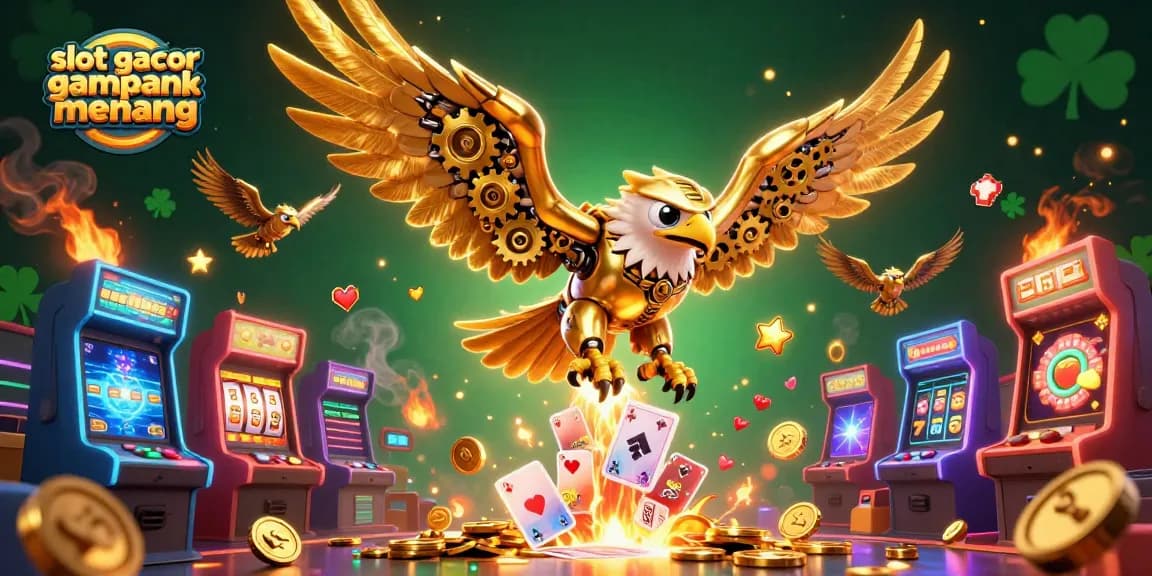 Engage with slot gacor gampang menang in a dynamic 3D illustration featuring a golden eagle and game symbols.
