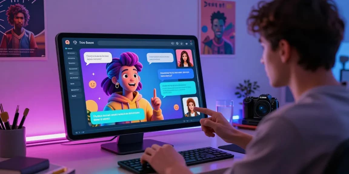 Immersive nsfw character ai interaction with digital avatars in a modern workspace.