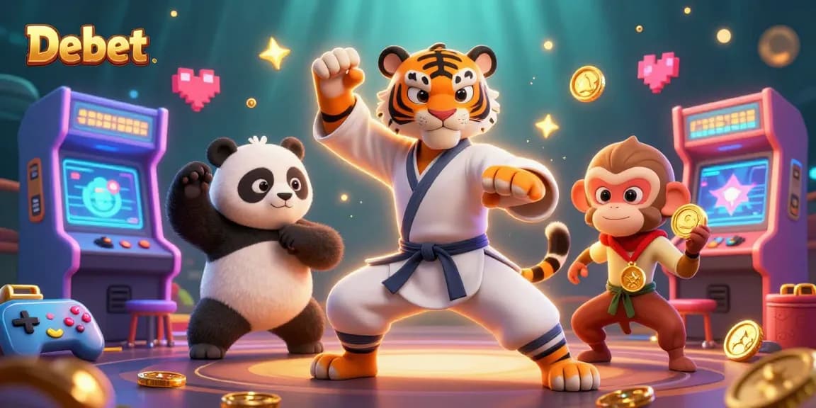 Engage with Debet's vibrant gaming scene featuring a kung fu tiger and exciting casino elements.