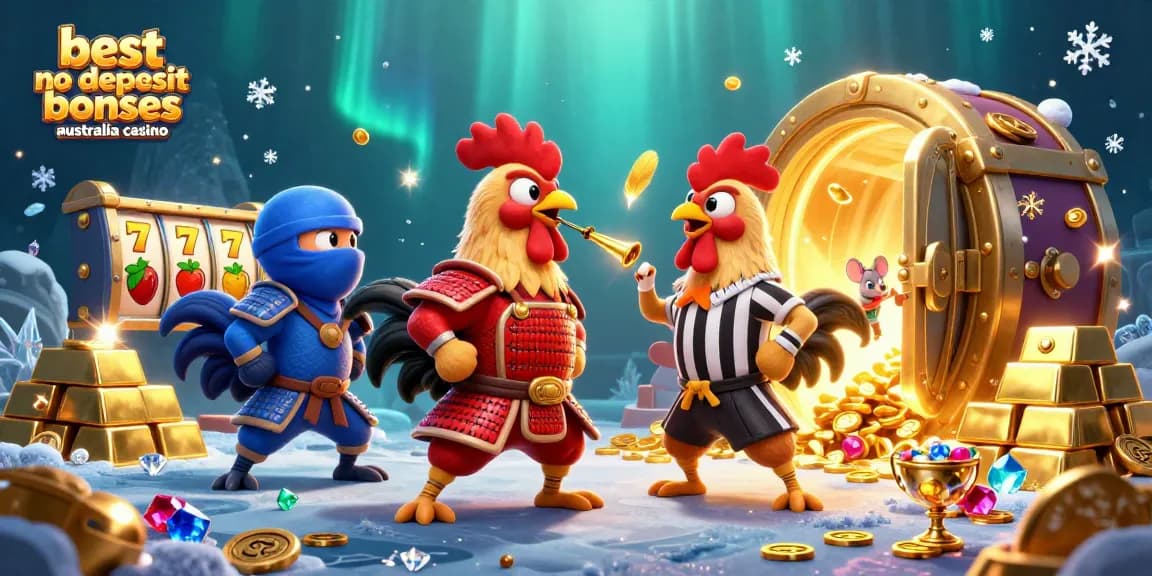 Experience the best no deposit bonuses Australia casino with engaging 3D roosters standoff illustration.