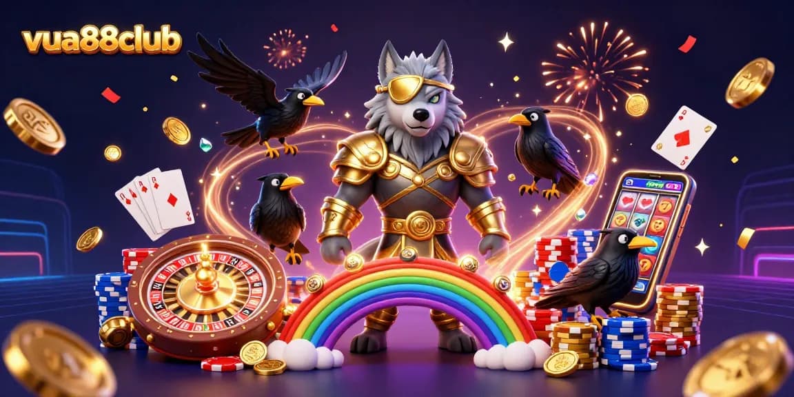 Play thrilling games at vua88club with Odin and his ravens amidst sparkling casino elements.