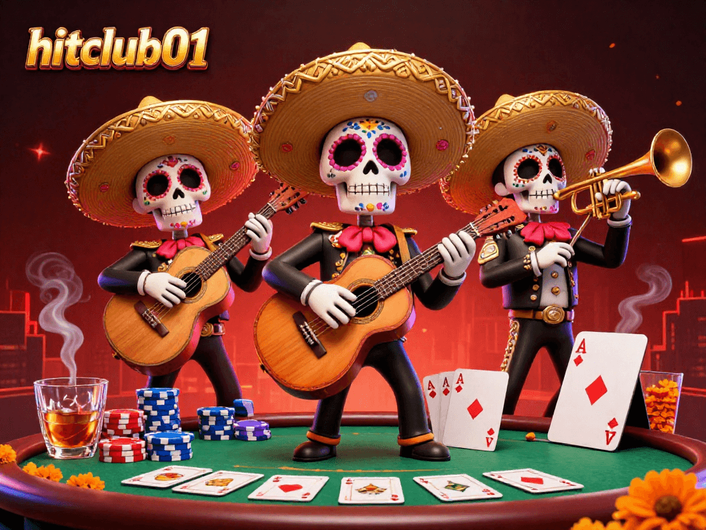 Hitclub01 players engage with a vibrant casino scene featuring lively mariachi characters and poker action.