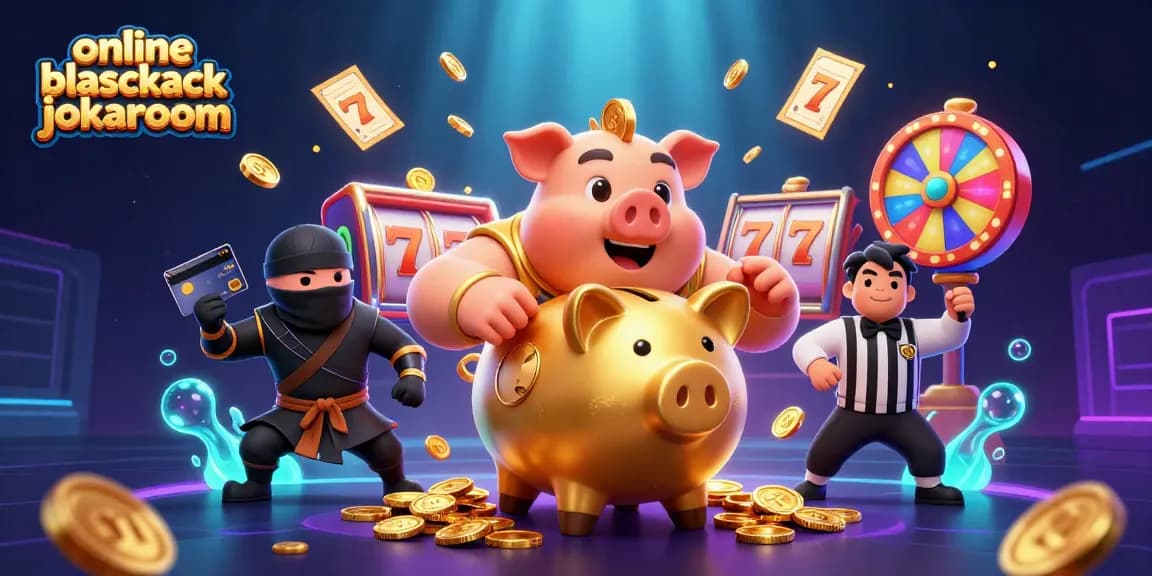 Spin with excitement at online blackjack jokaroom amidst coins falling and vibrant casino elements.