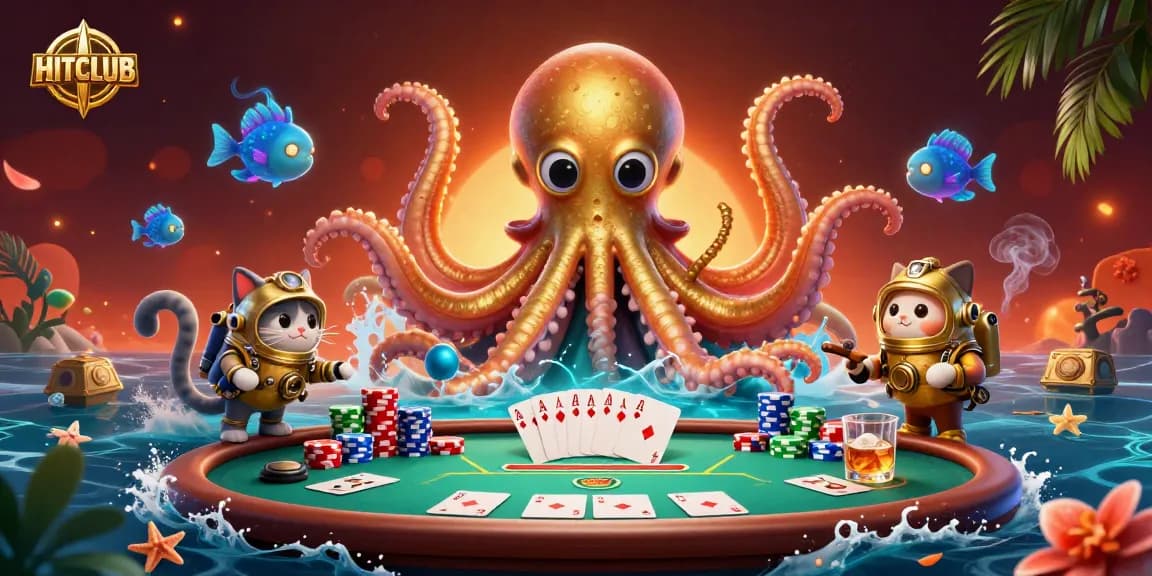 Experience HITCLUB's thrilling poker action with a kraken and a diving cat in a vibrant casino scene.