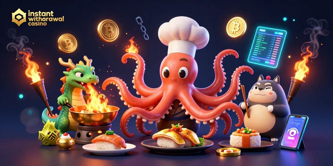 Visualize an instant withdrawal casino with lively characters and dynamic crypto elements.