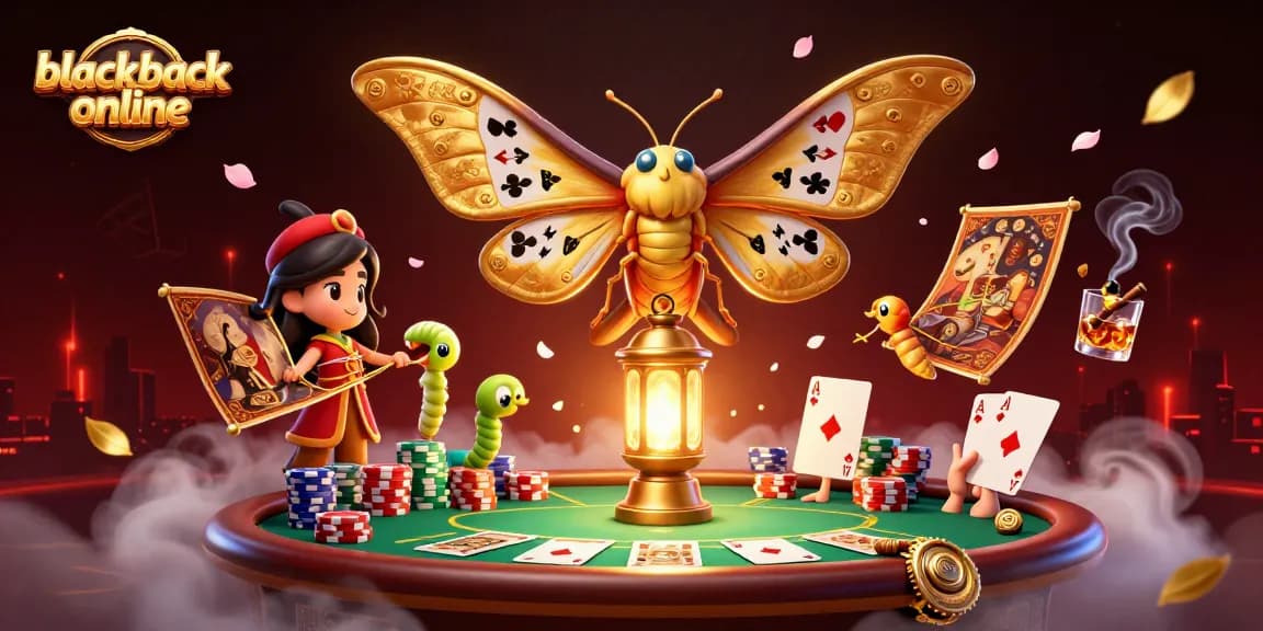 Engage in blackjack online with stunning visuals of poker elements and vibrant characters.