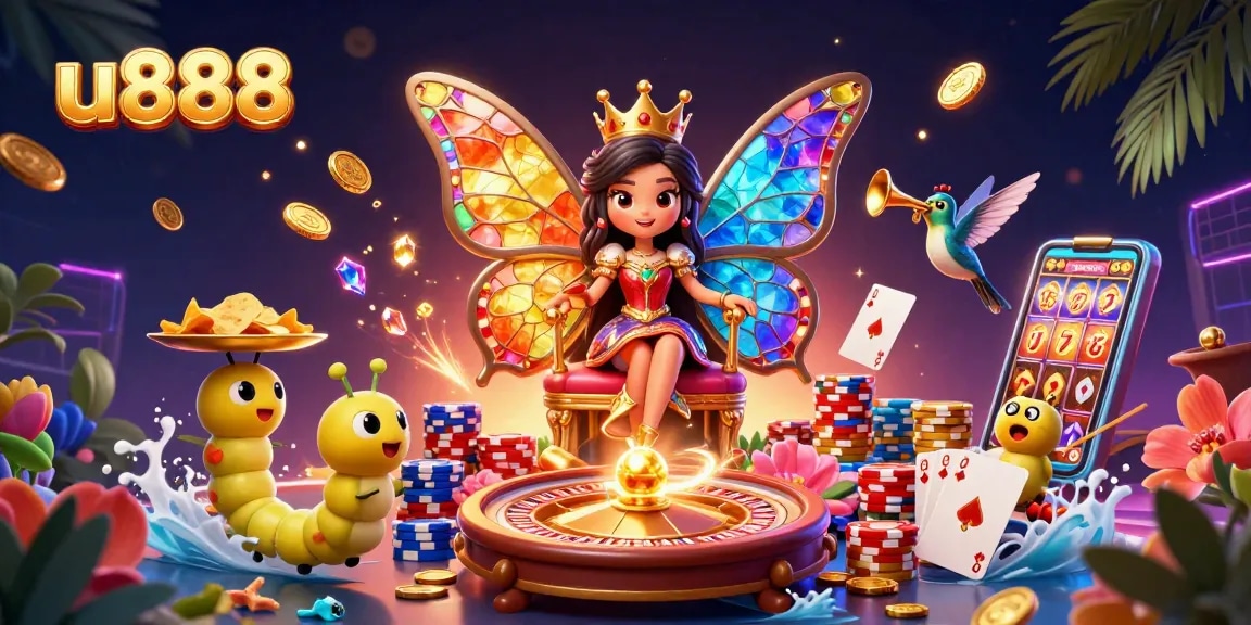 Experience u888's vibrant casino atmosphere with a butterfly queen surrounded by gaming elements.