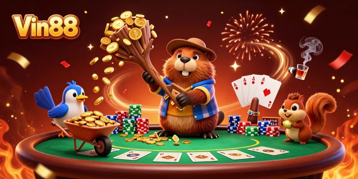 Vin88 showcases a lively 3D cartoon scene with characters engaged in gambling activities in a vibrant casino atmosphere.