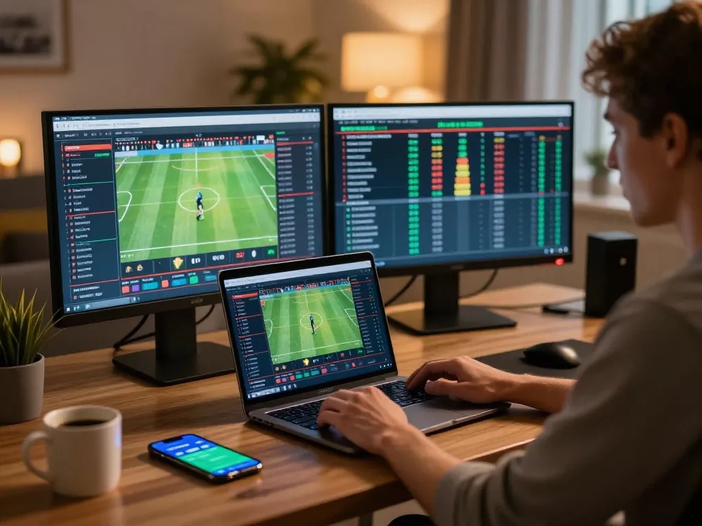 Engaging in sports betting with mm88star on a stylish laptop setup