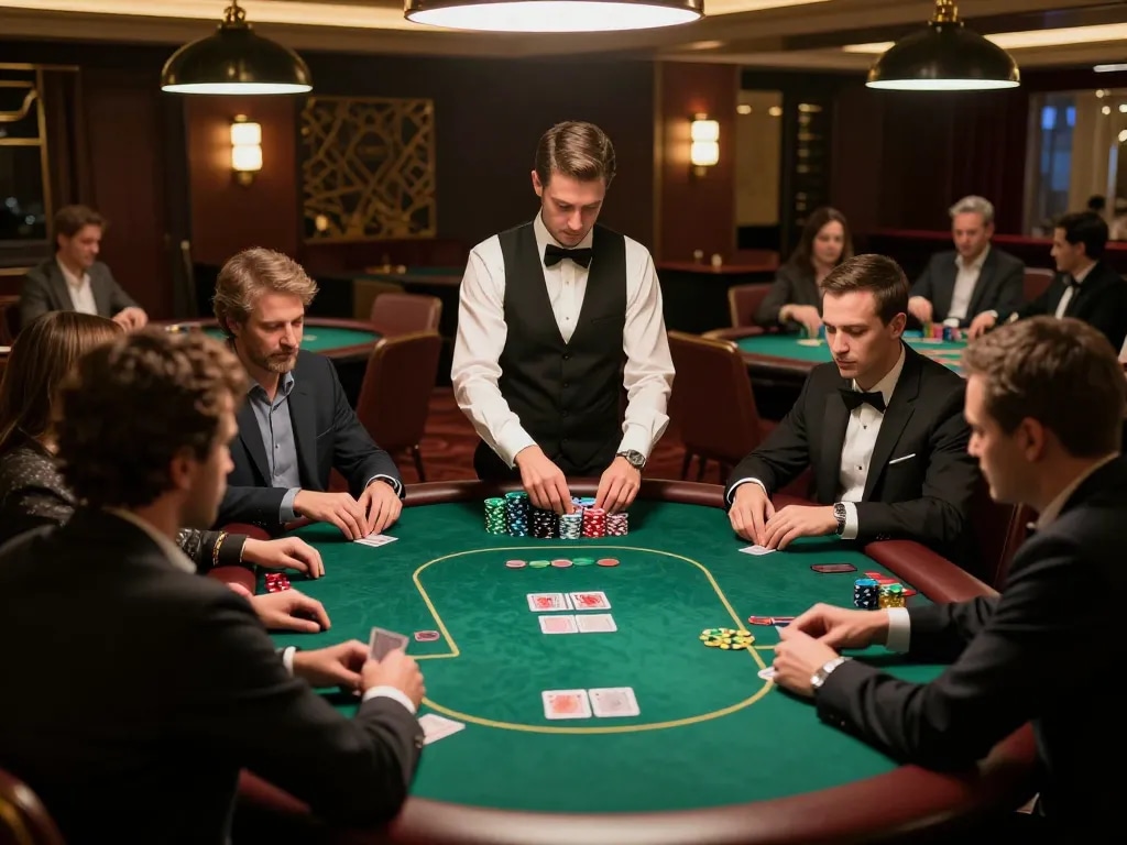 Strategic poker gameplay at a luxurious lounge featuring focused players and elegant decor, showcasing sunwin