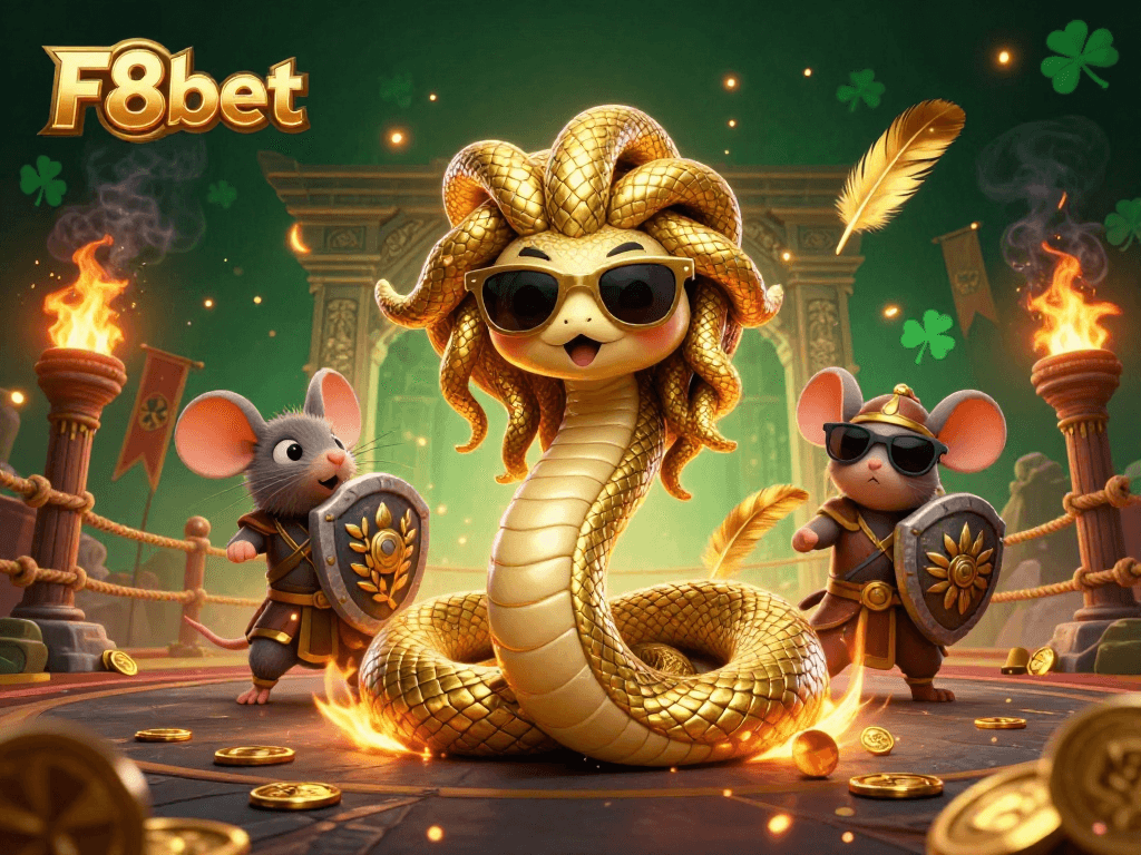 Engage with F8bet's dynamic gaming scene featuring Medusa and a warrior mouse immersed in excitement.