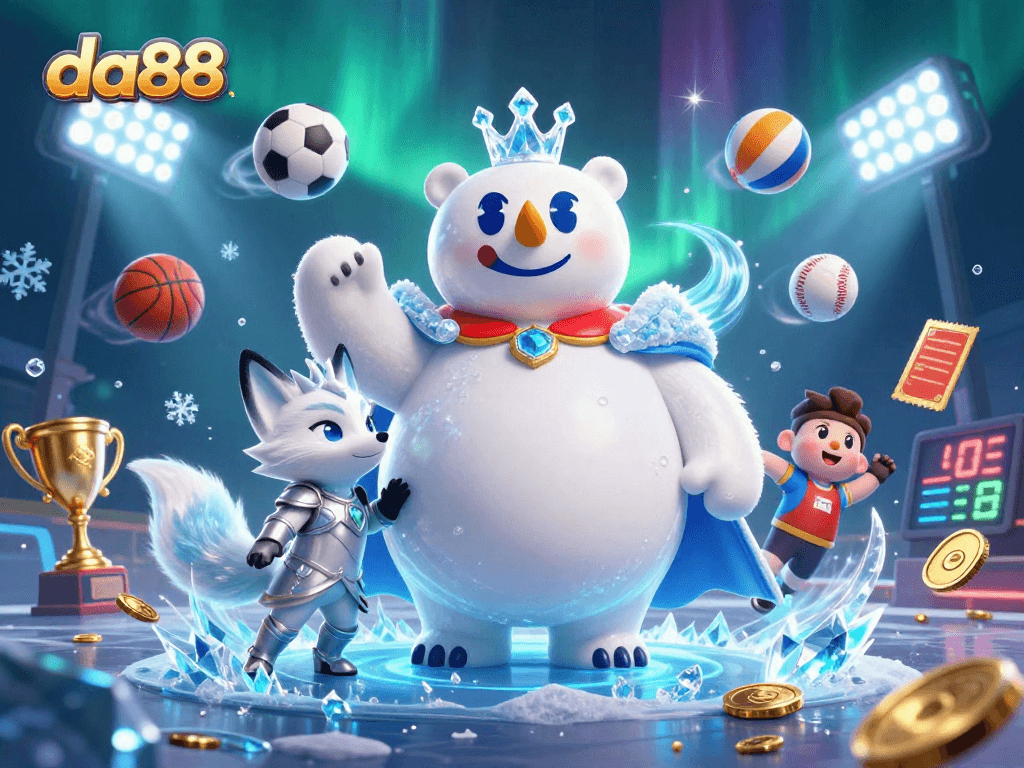 Engage in dynamic betting action at da88 with sports balls and vibrant casino elements.