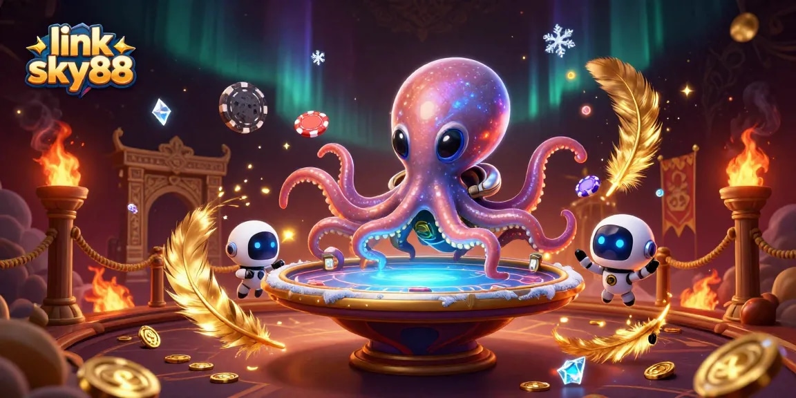 Engage in thrilling casino experiences with the vibrant link sky88 featuring an alien octopus at a poker table.